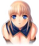  1girl archived_source avatar_(ff11) bare_shoulders blonde_hair blue_eyes blue_pupils breasts cleavage crossed_bangs final_fantasy final_fantasy_xi hair_between_eyes hume medium_breasts parted_lips pink_lips short_hair simple_background solo taisai_soft upper_body white_background 