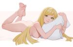  1girl ass barefoot blonde_hair blunt_ends border breasts commentary dnaitari eyelashes feet full_body green_eyes hands_up highres hugging_object legs long_hair looking_at_viewer lusamine_(pokemon) lying medium_breasts nipples nude on_stomach parted_lips pillow pillow_hug pokemon pokemon_(game) pokemon_sm soles solo swept_bangs the_pose toenails toes very_long_hair white_border 