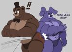  2023 anthro barazoku bear beetleartz biceps big_butt biped black_nose bonnie_(fnaf) bow_tie brown_body brown_fur bulge butt butt_slap clothed clothing dialogue digital_media_(artwork) duo english_text exclamation_point eyebrows five_nights_at_freddy&#039;s freddy_(fnaf) fur hat headgear headwear hi_res jockstrap lagomorph leporid male male/male mammal muscular muscular_anthro muscular_male navel pecs purple_body purple_fur rabbit scottgames slap talking_to_another talking_to_partner tan_body tan_fur text thong thong_only top_hat topless underwear underwear_only 