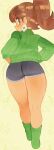  1girl absurdres ass black_shorts blue_eyes brown_hair earrings flower_earrings from_behind full_body green_socks green_sweater highres jewelry looking_at_viewer mario_(series) princess_daisy ribbed_sweater short_hair short_ponytail shorts socks solo sweater wamudraws 
