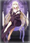  1girl aoki_hagane_no_arpeggio bare_shoulders blonde_hair blue_lips breasts chair cleavage crossed_legs highres kaname_aomame kongou_(aoki_hagane_no_arpeggio) long_hair red_eyes sitting solo tattoo very_long_hair 