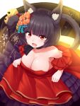  1girl animal_ear_fluff animal_ears azur_lane bell breasts cat_ears cat_girl cat_tail cleavage dress fang highres jingle_bell large_breasts raseruta red_dress red_eyes short_eyebrows short_hair skin_fang solo tail tail_bell tail_ornament yamashiro_(azur_lane) yamashiro_(dressy_black_cat)_(azur_lane) 