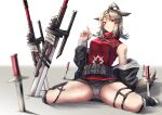  1girl absurdres animal_ears arknights bandaid bandaid_on_arm bare_shoulders belt_pouch black_footwear black_jacket blurry closed_mouth commentary cutter_(arknights) dagger depth_of_field fingernails fox_ears fox_tail full_body grey_hair grey_panties grey_tail hair_ornament hairclip harness highres jacket jewelry knife kuromu long_sleeves medium_hair necklace off_shoulder open_clothes open_jacket panties planted planted_sword pouch red_eyes red_shirt shirt shoes sidelocks sitting sleeveless sleeveless_shirt solo spread_legs sword tail thigh_strap topknot turtleneck underwear wariza weapon white_background x_hair_ornament 