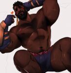  1boy abs bara beard black_hair blush brown_eyes chest_hair chris_sdd come_hither dark-skinned_male dark_skin dreadlocks dutch_angle earrings facial_hair feet_out_of_frame fingerless_gloves gloves hand_on_own_head heart highres jewelry k&#039;sante_(league_of_legends) large_pectorals league_of_legends male_focus mature_male muscular muscular_male navel navel_hair nipples pectorals pointing pointing_at_self seductive_smile short_hair short_shorts shorts smile solo spread_legs stomach strongman_waist thick_arms thick_eyebrows thick_thighs thighs topless_male very_dark_skin 