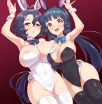  2girls animal_ears areola_slip arm_around_waist arm_up armpits asymmetrical_docking bare_shoulders black_hairband black_leotard black_thighhighs blue_bow blue_bowtie blue_hair blunt_bangs blush bow bowtie breast_press breasts cleavage commentary_request commission covered_navel cowboy_shot dan_(orange_train) detached_collar dutch_angle fake_animal_ears gradient_background groin hair_between_eyes hairband hand_on_another&#039;s_waist highleg highleg_leotard highres idolmaster idolmaster_million_live! kitakami_reika large_breasts leotard long_hair looking_at_viewer low_twintails multiple_girls open_mouth parted_lips playboy_bunny rabbit_ears rabbit_pose raised_eyebrows red_background short_hair side-by-side side-tie_leotard skeb_commission smile standing strapless strapless_leotard sweat thighhighs toyokawa_fuka twintails very_long_hair wavy_hair white_hairband white_leotard white_thighhighs wrist_cuffs yellow_eyes 