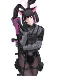  1girl ammunition_pouch animal_ears black_hair black_pantyhose blue_archive body_armor bren_lmg bulletproof_vest cat_ears colored_inner_hair extra_ears gun gun_sling hair_ornament halo highres holding holding_gun holding_weapon kazusa_(blue_archive) light_machine_gun multicolored_hair mutugorou_u pantyhose pink_hair plate_carrier playboy_bunny pouch short_hair snap-fit_buckle solo tactical_clothes two-tone_hair weapon 