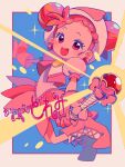  1girl :d blush boots copyright_name double_bun dress earrings full_body gloves hair_bun harukaze_doremi hat highres holding holding_wand jewelry looking_at_viewer magical_girl ojamajo_doremi open_mouth pink_dress pink_footwear pink_gloves pink_headwear puffy_short_sleeves puffy_sleeves red_eyes red_hair sanamaru_(sana79261827) short_hair short_sleeves smile solo sparkle standing wand witch_hat 