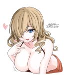  1girl blue_eyes bouncing_breasts breasts brown_hair cleavage cototiworld hair_over_one_eye highres large_breasts leaning_forward long_hair midriff oriana_thomason toaru_majutsu_no_index tongue tongue_out v watermark white_background 