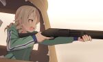  1girl blonde_hair broken_window drill_hair gun holding holding_gun holding_weapon hood hoodie idolmaster idolmaster_cinderella_girls jacket medium_hair morikubo_nono open_mouth shotgun solo sweatdrop track_jacket uccow weapon yellow_eyes 