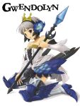  1girl armor bare_shoulders black_eyes boots breasts character_name commentary_request crown detached_sleeves dress full_body grey_hair gwendolyn_(odin_sphere) holding holding_polearm holding_weapon leg_wings looking_at_viewer low_wings odin_sphere okara parted_lips polearm short_hair simple_background small_breasts solo strapless strapless_dress thigh_boots valkyrie weapon white_background wings 