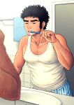  1boy afro arm_hair bara bathroom beard blue_male_underwear boxers brushing_teeth chest_hair covered_nipples dark-skinned_male dark_skin dolrit_(kusakyuu) facial_hair hairy hand_up highres kusakyuu large_pectorals leaning_forward long_sideburns male_focus male_underwear mature_male muscular muscular_male mustache_stubble original pectoral_cleavage pectorals short_hair sideburns solo stubble tank_top thick_eyebrows topless_male underwear white_tank_top 