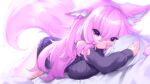  1girl :3 animal_ear_fluff animal_ears araran bare_legs black_sweater breasts closed_mouth curly_hair ear_down fluffy hair_between_eyes highres large_breasts long_hair long_sleeves looking_at_viewer lying object_hug off-shoulder_sweater off_shoulder on_bed on_stomach original pillow pillow_hug pink_eyes pink_hair ribbed_sweater smile solo sweater tail white_background 