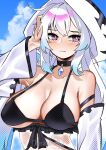  1girl azur_lane bare_shoulders black_bra black_choker black_hood blue_hair blue_sky blush bra breasts choker closed_mouth cloud cloudy_sky commission detached_sleeves enforcer_iii_harvest_(azur_lane) gradient_hair highres large_breasts long_hair multicolored_hair outdoors purple_eyes revealing_clothes second-party_source signature siren_(azur_lane) sky solo toszuca two-tone_hood underwear upper_body white_hair white_hood 