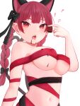 animal_ears ao_orin_ringo areola_slip black_bow bow braid breasts cat_ears extra_ears hair_bow heart highres kaenbyou_rin large_breasts looking_at_viewer naked_ribbon navel open_mouth red_eyes red_hair ribbon side_braids simple_background tongue tongue_out touhou twin_braids underboob upper_body white_background 