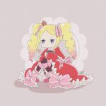  1girl beatrice_(re:zero) blonde_hair blue_eyes bow butterfly-shaped_pupils capelet chibi crown dress drill_hair frilled_dress frilled_ribbon frills fur-trimmed_capelet fur_trim gradient_hair grey_background hair_ribbon highres long_sleeves mini_crown mofu2_nekko multicolored_hair pantyhose pink_bow pink_footwear pink_ribbon re:zero_kara_hajimeru_isekai_seikatsu red_capelet red_dress ribbon sidelocks sitting solo striped striped_bow striped_pantyhose striped_ribbon twin_drills 