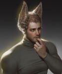  1boy absurdres animal_ears bara black_hair black_shirt blue_eyes chris_redfield facial_hair finger_to_mouth fox_boy fox_ears gradient_background highres large_pectorals male_focus muscular muscular_male parted_lips pectorals resident_evil resident_evil_village sgl08 shirt short_hair simple_background solo upper_body 