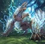  blue_eyes blurry blurry_background capcom claws depth_of_field electricity grass horns itou_youichi monster monster_hunter:_world monster_hunter_(series) no_humans official_style parody sharp_teeth style_parody teeth wolf zinogre 