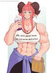  1girl absurdres animal_ears black_pants breasts clothes_around_waist cup earrings food goat_ears goat_horns grimace_shake_(meme) highres holding holding_cup holding_food horns jacket jacket_around_waist jewelry meme meme_attire milkshake muscular muscular_female niel okasbasement original pants pink_hair single_earring tank_top 