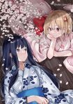  2girls black_hair blonde_hair blue_kimono blurry cherry_blossoms closed_mouth commentary depth_of_field eye_contact falling_petals floral_print hair_between_eyes hair_ribbon head_rest highres inoue_takina japanese_clothes kimono long_hair looking_at_another lycoris_recoil lying multiple_girls neko_tama45 nishikigi_chisato obi on_back one_side_up parted_lips petals pink_kimono purple_eyes red_eyes red_ribbon ribbon sash shade short_hair sidelocks smile twitter_username upper_body 