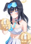  1girl absurdres animal_ears black_hair blue_archive blue_eyes bright_pupils cheerleader dog_ears dog_girl dog_tail goggles goggles_on_head hibiki_(blue_archive) hibiki_(cheerleader)_(blue_archive) highres holding holding_pom_poms illust_ruta long_hair looking_at_viewer millennium_cheerleader_outfit_(blue_archive) navel pom_pom_(cheerleading) ponytail solo tail white_pupils 