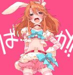  1girl animal_ears arm_garter blush breasts fake_animal_ears fur-trimmed_choker fur-trimmed_gloves fur-trimmed_shorts fur_trim gloves hand_on_own_hip highres idolmaster idolmaster_cinderella_girls looking_at_viewer mochino navel open_mouth pink_background pink_bloomers rabbit_ears shorts shouting simple_background small_breasts solo striped striped_gloves striped_thighhighs thighhighs translated yuuki_haru 