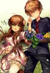  1boy 1girl :d ahoge black_pants black_shirt blue_flower blush braid breasts brown_hair chi_no chibi-moth clenched_hand couple cowboy_shot dress dress_shirt eyes_visible_through_hair falling_petals flower flower_wreath frilled_dress frilled_sleeves frills garden gradient_background green_background green_eyes grin hair_between_eyes hair_flower hair_ornament hand_up happy head_tilt head_wreath hetero juliet_sleeves kanbe_kotori kazamatsuri_institute_high_school_uniform leaf long_hair long_sleeves looking_at_another medium_breasts necktie one_eye_closed open_mouth orange_eyes orange_hair pants petals pink_dress pink_flower puffy_sleeves purple_flower red_necktie rewrite school_uniform shirt short_hair smile spiked_hair standing standing_on_one_leg tennouji_kotarou thighhighs twin_braids v-shaped_eyebrows very_long_hair violet_(flower) wavy_hair white_background white_thighhighs wide_sleeves yellow_flower 