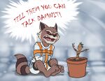  angry anthro barefoot bdsm black_nose bondage bound brown_body brown_fur bsdm dialog_box dirt english_text feet fur groot guardians_of_the_galaxy gums_(mouth) insane_asylum inside male marvel orange_bondage plant plant_pot potted_plant profanity red_eyes red_sclera restraints rocket_raccoon solo straitjacket tan_body tan_fur teeth_showing text tongue_showing vir-no-vigoratus 