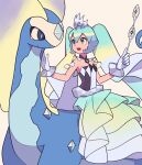  1girl :d aurorus commentary_request crossover dress eyelashes gloves green_eyes green_hair hands_up hatsune_miku highres holding long_hair looking_to_the_side open_mouth pokemon pokemon_(creature) project_voltage riding riding_pokemon sitting smile tiara twintails tyako_089 vocaloid 