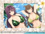  2girls ^_^ arms_behind_head beach bikini blue_eyes blue_sky blush border breasts brown_hair cleavage closed_eyes cloud day flower flower-shaped_pupils food fruit groin hair_ornament hair_ribbon huge_breasts long_hair looking_at_viewer melon multiple_girls murasaki_(senran_kagura) navel ocean official_art outdoors palm_tree purple_eyes purple_hair ribbon seashell senran_kagura senran_kagura_new_link shell shiny_skin sky smile swimsuit symbol-shaped_pupils toki_(senran_kagura) tree umbrella underboob water yaegashi_nan 