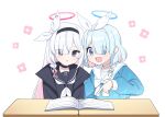  2girls :d a.r.o.n.a_(blue_archive) arona_(blue_archive) black_choker black_hairband black_jacket black_sailor_collar black_serafuku blue_archive blue_eyes blue_hair blue_serafuku blush book bow bow_hairband bowtie braid child_(isoliya) choker desk flower hair_over_one_eye hairband halo highres jacket long_hair long_sleeves multiple_girls neckerchief open_book open_clothes open_jacket parted_lips purple_eyes sailor_collar school_desk school_uniform serafuku short_hair simple_background smile upper_body white_background white_bow white_bowtie white_choker white_hair white_hairband white_neckerchief white_sailor_collar 