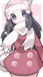  1girl absurdres beanie black_hair dawn_(pokemon) dress grey_eyes hair_ornament hairclip hat highres kurumiya_(krmy_p) long_hair poke_ball_print pokemon pokemon_(game) pokemon_dppt red_dress scarf smile solo white_bag white_headwear white_scarf 