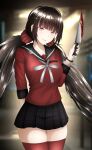  1girl arm_behind_back black_skirt blood blood_on_weapon blunt_bangs blurry blurry_background brown_hair danganronpa_(series) danganronpa_v3:_killing_harmony faihara grey_ribbon hair_ornament hair_scrunchie hairclip harukawa_maki highres holding holding_knife holding_weapon knife long_hair long_sleeves looking_at_viewer low_twintails miniskirt mole mole_under_eye neck_ribbon plaid plaid_skirt pleated_skirt red_eyes red_scrunchie red_shirt red_thighhighs ribbon scrunchie shirt skirt solo thighhighs twintails weapon zettai_ryouiki 