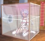  1girl absurdres ahoge arms_behind_back ball_gag bdsm blue_hair blush bondage bone_ko bound bound_arms bound_legs box breasts chain chained collar commission elbow_gloves full_body gag gloves heart heart-shaped_pupils highres imminent_death in_box in_container leotard medium_hair neptune_(series) no_shoes peril red_eyes restrained rope second-party_source sex_toy shibari shibari_over_clothes short_hair_with_long_locks sitting skindentation small_breasts solo symbol-shaped_pupils thighhighs wariza water white_gloves white_heart white_leotard white_thighhighs 