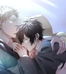  2boys absurdres black_hair blonde_hair closed_eyes given head_kiss highres hug kaji_akihiko light light_blush male_focus multiple_boys murata_ugetsu pinoli_(pinoli66) sleeping sleeping_on_person twitter_username yaoi 