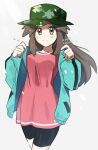  1girl bike_shorts blush brown_eyes brown_hair camouflage camouflage_headwear closed_mouth commentary_request dress flying_sweatdrops green_headwear green_jacket hair_flaps hands_up hat highres jacket kienai_11 leaf_(pokemon) leaf_(sygna_suit)_(pokemon) long_hair official_alternate_costume open_clothes open_jacket pink_dress pokemon pokemon_(game) pokemon_masters_ex short_dress sidelocks smile solo twitter_username watermark white_background 