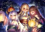  3girls @_@ ahoge animal_print blonde_hair blush bow closed_mouth demon_horns fish_print floral_print hair_bow holding holding_lantern hololive horns japanese_clothes kimono kito_koruta la+_darknesss lantern long_hair long_sleeves looking_at_another multicolored_hair multiple_girls night obi open_mouth outdoors ponytail print_kimono purple_eyes red_eyes roboco-san sash shiranui_flare streaked_hair tearing_up triangle_hair_ornament v-shaped_eyebrows very_long_hair white_hair yellow_eyes 