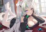  1girl :o absurdres animal_ear_fluff animal_ears bare_shoulders black_dress black_gloves blue_eyes blush breasts cleavage collarbone commentary cross-shaped_pupils dress elbow_gloves fox_ears fox_girl fox_tail gloves green_hair grey_hair head_rest highres holding indoors large_breasts legs_up long_hair lying mirufuaa multicolored_hair no_shoes on_stomach open_mouth original pantyhose sidelocks sleeveless sleeveless_dress soles solo streaked_hair symbol-only_commentary symbol-shaped_pupils tail toes twintails very_long_hair white_pantyhose 