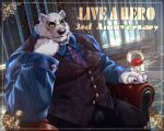  2023 anthro bear black_nose borealis_(live_a_hero) bottomwear chair clothing detailed_background furniture hi_res humanoid_hands kemono lifewonders live_a_hero male mammal musclegut necktie oaks16 overweight overweight_male pants polar_bear shirt sitting solo suit topwear ursine 
