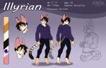  5_fingers anthro biped black_hair clothed clothing color_swatch countershade_face countershade_fur countershade_neck countershading eyebrows felid feline fingers fur hair hi_res hoodie illyrian_(illyrian) kittydee male mammal model_sheet purple_eyes serval smile solo tail tongue tongue_out topwear 