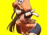  1girl anchor_symbol backpack bag bike_shorts black_gloves black_shorts brown_hair cabbie_hat fingerless_gloves full_body gloves guilty_gear guilty_gear_strive hat hat_ornament hood hoodie long_hair long_sleeves looking_at_viewer may_(guilty_gear) orange_footwear orange_headwear orange_hoodie orange_shirt pointing shirt shorts skull_and_crossbones skull_hat_ornament smile solo standing tamotu_kun yellow_background 