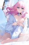  1girl absurdres bare_legs barefoot black_choker blue_eyes blurry blurry_background blush breasts choker closed_mouth commentary_request depth_of_field earrings eggs_zero eyelashes highres honkai:_star_rail honkai_(series) jewelry long_hair march_7th_(honkai:_star_rail) medium_breasts on_bed pink_eyes pink_hair shirt single_earring solo two-tone_eyes white_shirt 