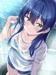  1girl blue_hair blush borgbutler bra bra_visible_through_clothes breasts cleavage green_bra highres long_hair looking_at_viewer love_live! medium_breasts outdoors see-through see-through_shirt shirt short_shorts shorts solo sonoda_umi underwear water wet wet_clothes wet_shirt white_shirt yellow_eyes 