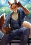  2021 absurd_res anthro bedroom_eyes canid canine clothed clothing day detailed_background digital_media_(artwork) disney eyewear fox fur glasses hi_res juliathedragoncat looking_at_viewer male mammal narrowed_eyes nick_wilde open_clothing open_shirt open_topwear orange_body orange_fur outside pecs police police_uniform seductive shirt smile solo sunglasses topwear uniform zootopia 