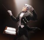  2020 baton black_suit conductor gloves highres music overwatch sheet_music sigma_(overwatch) suit twitter_username white_gloves white_hair 