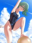  1boy 1girl armpits ass_visible_through_thighs bald blue_one-piece_swimsuit breasts cloud cloudy_sky collarbone covered_navel covered_nipples curly_hair feet flipped_hair foot_on_head green_eyes green_hair highleg highres one-piece_swimsuit one-punch_man open_mouth petite saitama_(one-punch_man) school_swimsuit short_hair sky small_breasts solo_focus studiotagata swimsuit tatsumaki thighs wet 