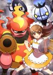  1girl :o absurdres apron blush brown_footwear brown_hair chandelure clenched_hand collared_dress commentary_request dress floating_hair fog frills headdress highres holding holding_tray long_hair looking_at_viewer magmortar open_mouth pokemon pokemon_(creature) pokemon_(game) pokemon_bw pon_yui puffy_sleeves shoes short_sleeves socks tray waitress waitress_(pokemon) white_apron white_socks 