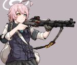  1girl absurdres antenna_hair bag blue_eyes elbow_pads epakim gloves gun heterochromia highres optical_sight orange_eyes original pink_hair shotgun shoulder_bag single_glove sleeves_rolled_up solo vest weapon 