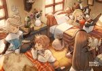  &gt;_&lt; 2boys 3girls agnes_oblige airy_(bravely_default) black_gloves blonde_hair blue_eyes blue_shirt boots bottle bow bravely_default:_flying_fairy bravely_default_(series) brown_hair butterfly_wings closed_eyes copyright_name cross-laced_clothes cross-laced_legwear edea_lee elbow_gloves fairy fairy_wings fur_trim gloves hair_bow hairband indoors irono16 long_hair long_sleeves looking_at_another map minigirl multiple_boys multiple_girls on_bed open_mouth pillow pompadour ringabel shirt sitting smile stretching table tiz_arrior vase white_hair white_shirt window wings 