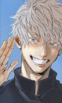  1boy blue_background blue_eyes commentary_request gojou_satoru hand_up highres jujutsu_kaisen looking_at_viewer male_focus namida_a2 portrait shirt short_hair simple_background smile solo teeth white_shirt 