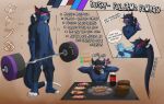  absurd_res anthro asphyxiation capcom choking dusky_fox eating eating_food exercise flying_wyvern food hair hi_res male meat model_sheet monster_hunter muscular nargacuga ponytail soda_bottle solo weightlifting workout 